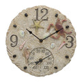 12 inch seashells clock featuring a starfish and assorted shells with a built in thermometer at the bottom
