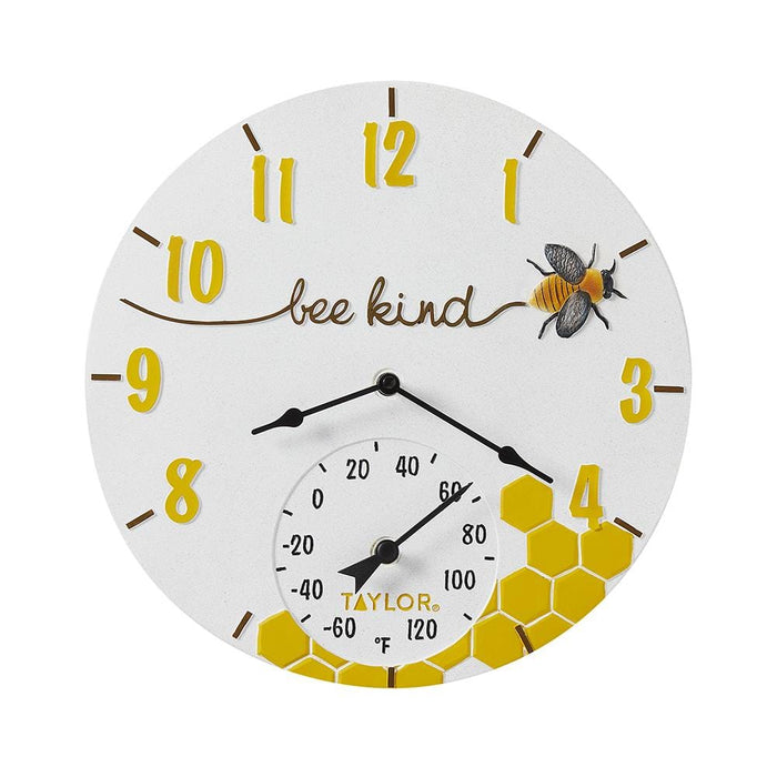 Round 14 inch Bee Kind poly resin clock with thermometer and honeycomb accents