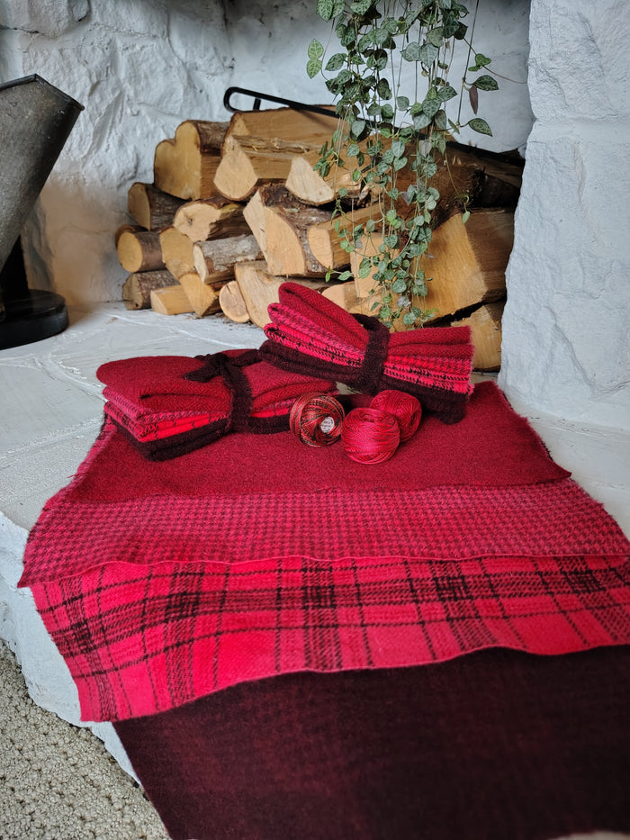 Bright Red Hand Dyed Wool Fat Eighth Bundle