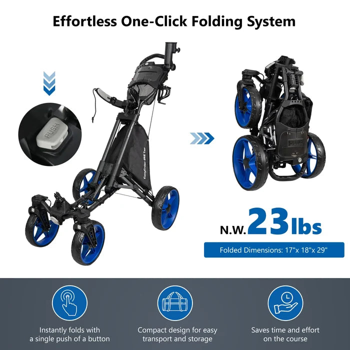 Caddytek CaddyCruiser ONE Tour 4-Wheel Golf Push Cart with Swivel Front Wheel