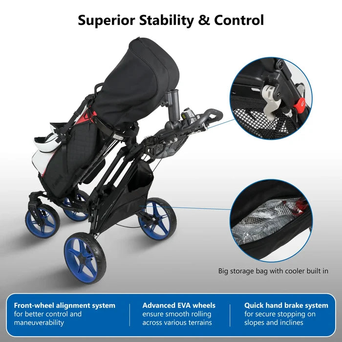 Caddytek CaddyCruiser ONE Tour 4-Wheel Golf Push Cart with Swivel Front Wheel