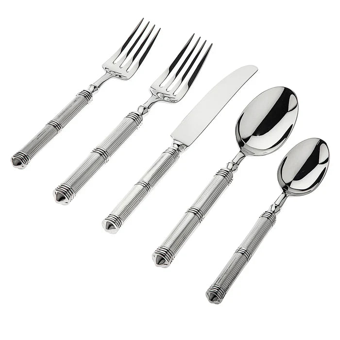 The Ricci Castello Flatware Silver 5-Piece Setting features two forks, a knife, and two spoons with matching textured handles in durable 18/10 stainless steel, displayed on a white background.