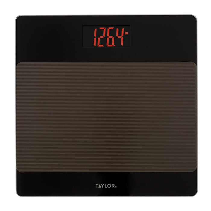 Black digital bathroom scale with glass non slip platform and red LED display reading 126.4 lb