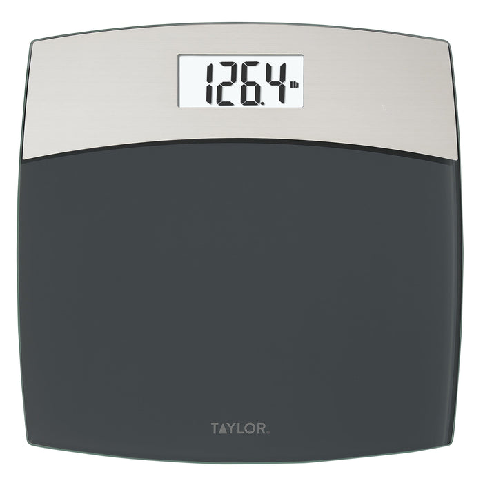 Digital glass scale with grey brushed stainless steel top and central readout
