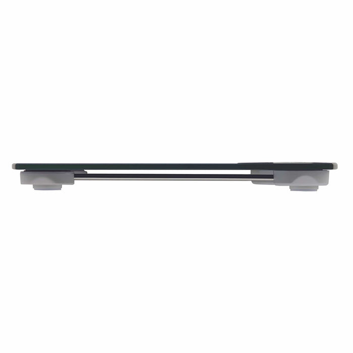 Side profile of a digital glass scale with grey top and brushed stainless steel base.