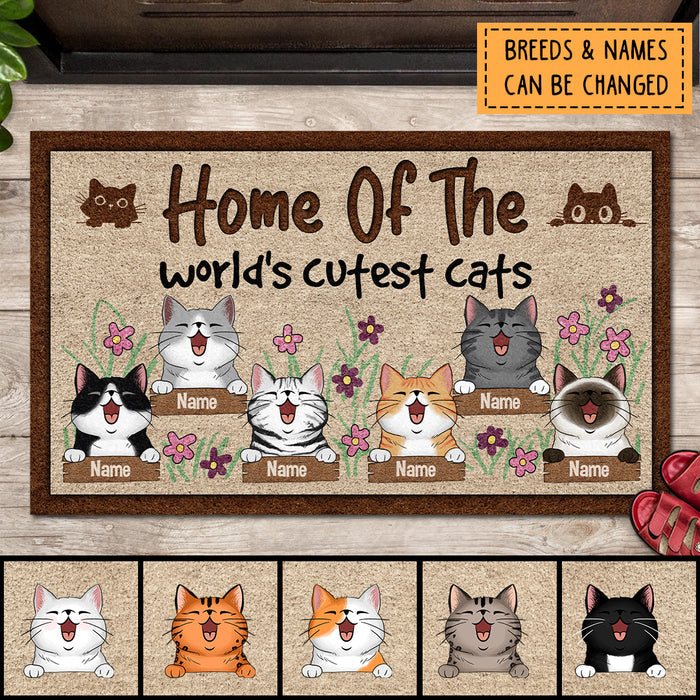 Home Of The World's Cutest Cats, Cat & Flower Doormat, Personalized Cat Breeds Doormat, Cute Home Decor