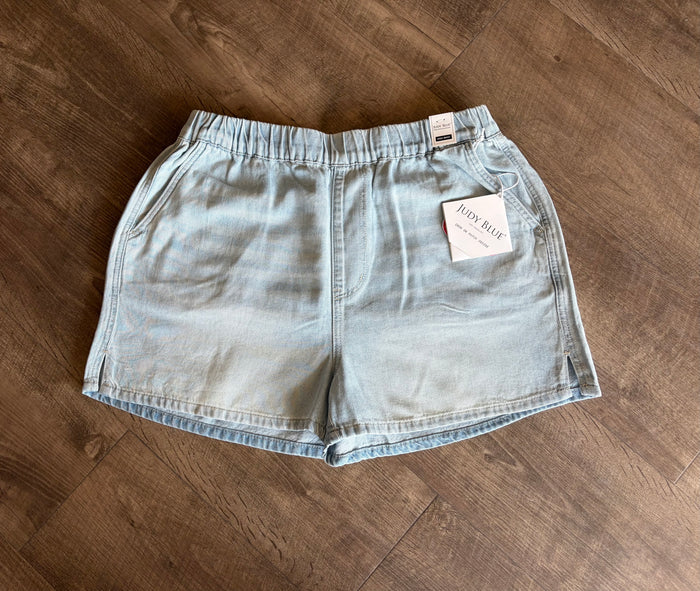 Judy Blue HW Featherweight Boxer Short w/ Patch - Posh West Boutique