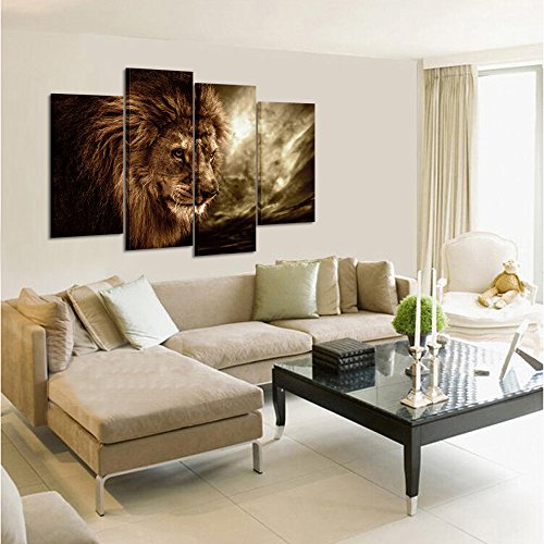 Lion Wall Art Canvas Painting Framed and Ready to Hang 4 Panels - EK CHIC HOME