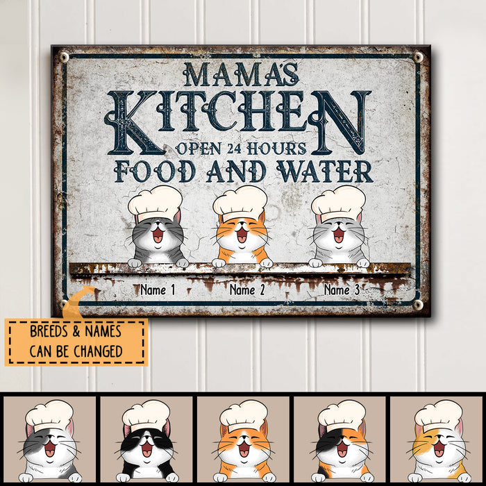 Mama's Kitchen Open 24 Hours Food And Water, Vintage Style, Personalized Cat Breeds Metal Sign