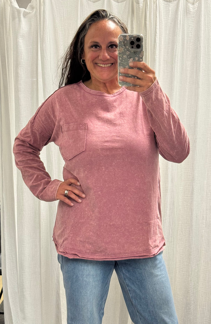 Mauve Mineral Washed Casual Knit Top - Posh West Boutique