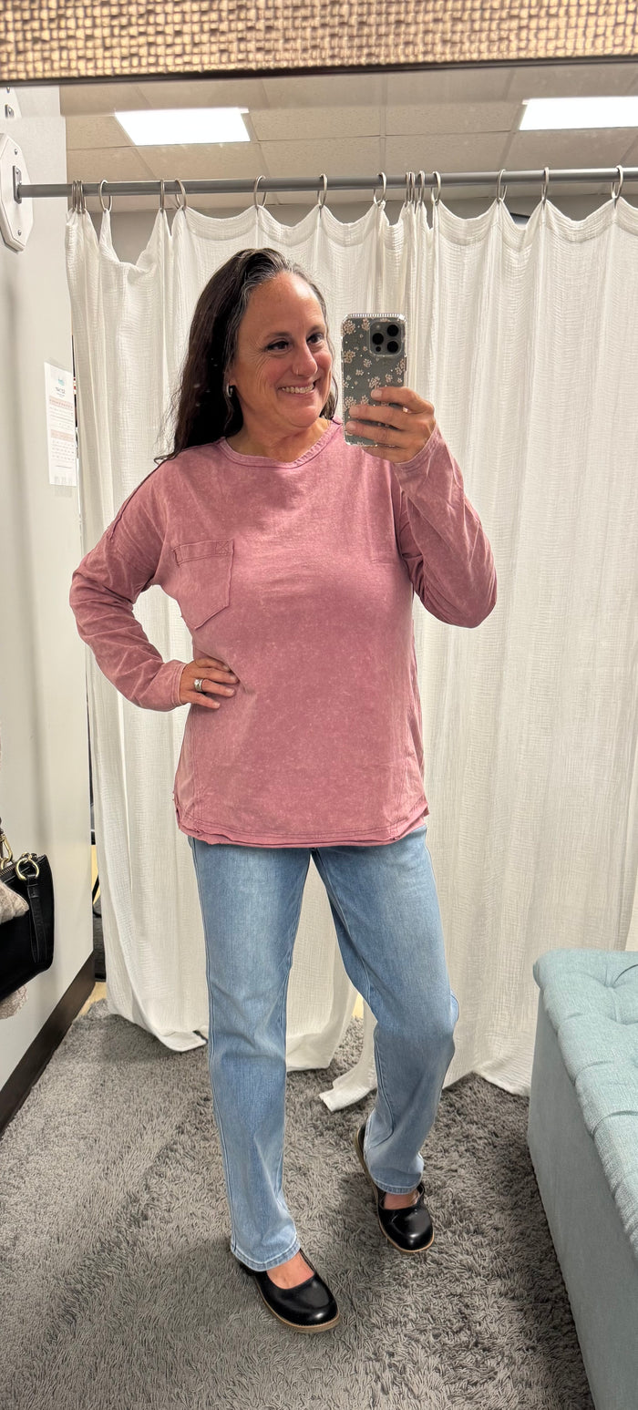 Mauve Mineral Washed Casual Knit Top - Posh West Boutique