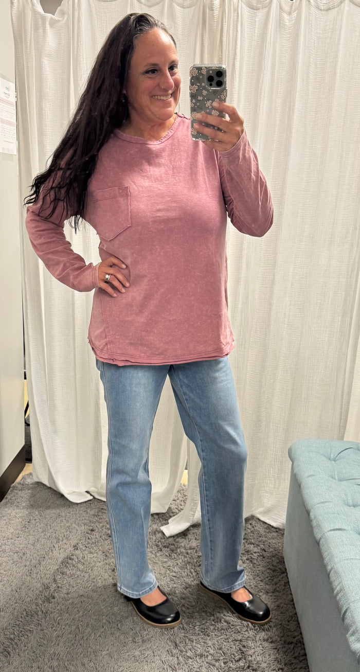 Mauve Mineral Washed Casual Knit Top - Posh West Boutique