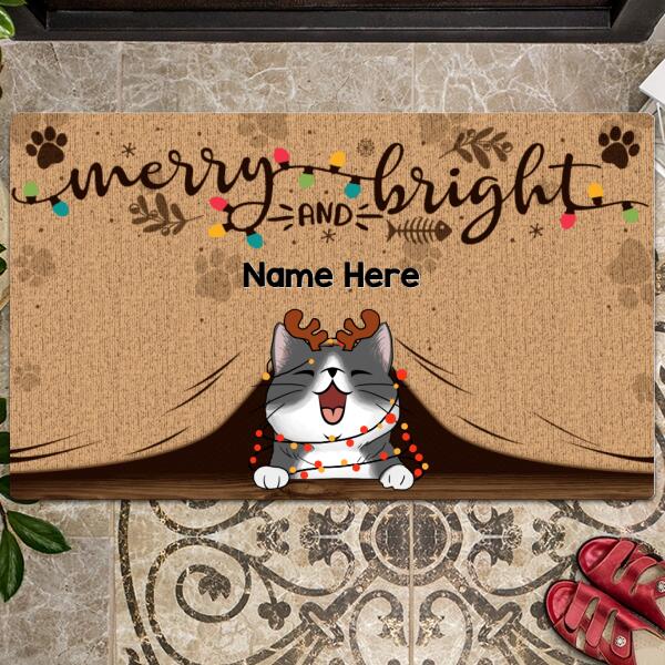 Merry And Bright, Christmas Cat With Light Color, Personalized Cat Lovers Christmas Doormat