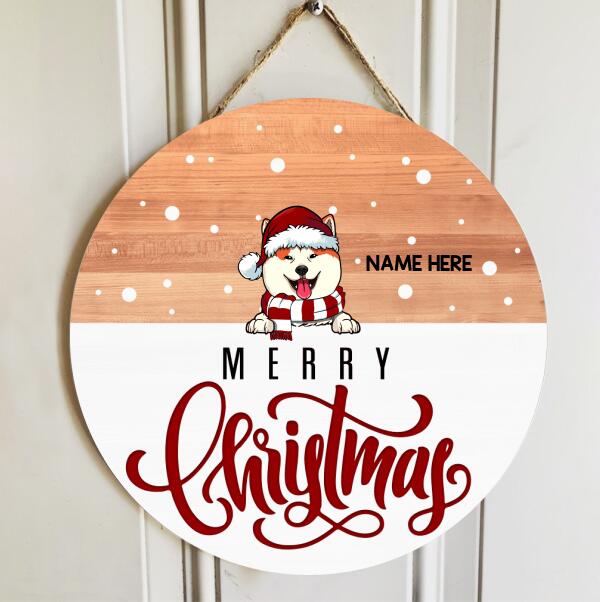 Merry Christmas, Light Brown Wooden And Snow Background, Personalized Dog Lovers Christmas Door Sign