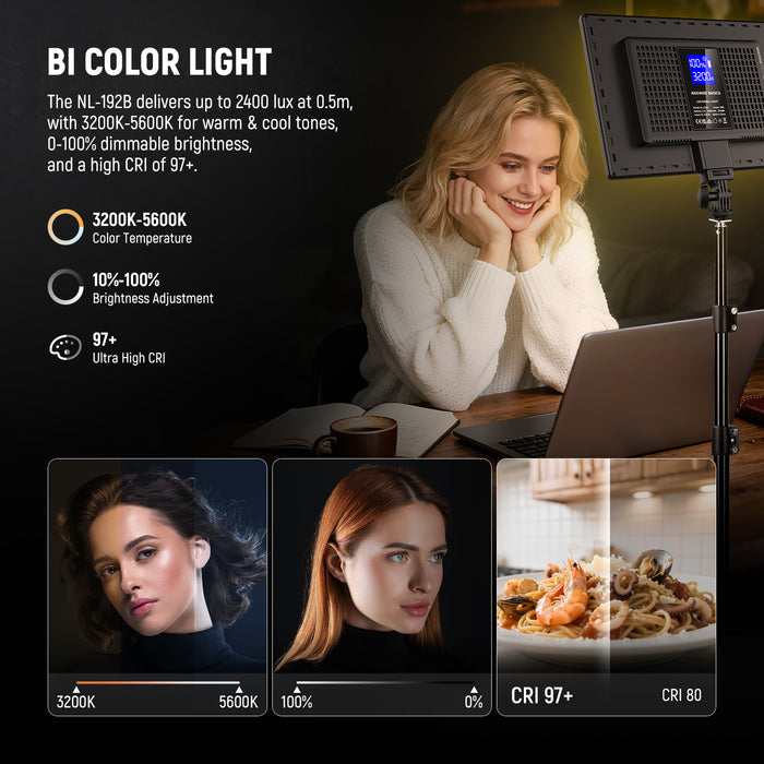 NEEWER NL-192B Bi Color LED Video Panel Light features 3200k-5600k color temperature.