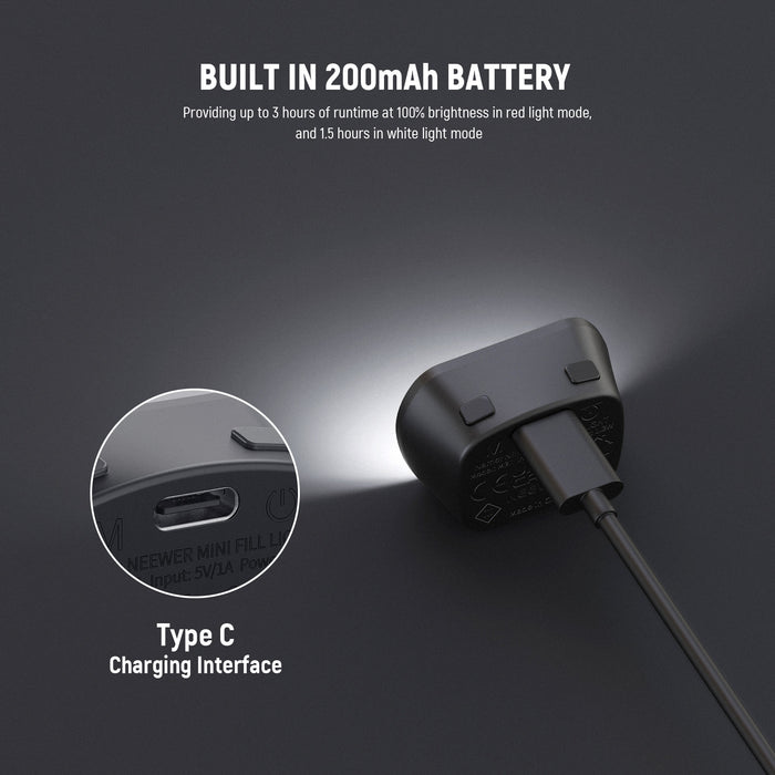 This LED selfie fill light equipment features a built in 200mAh rechargeable battery
