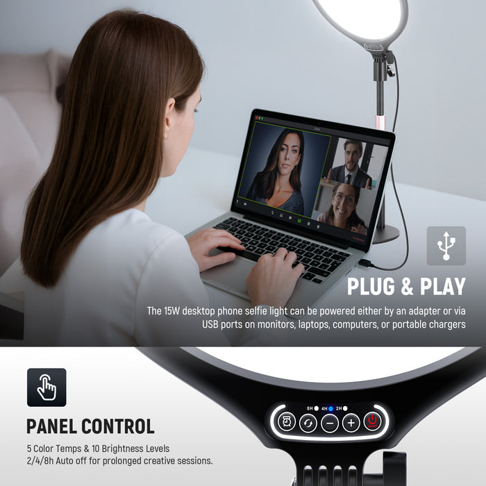 NEEWER R10 10.5" Desk Ring Light can be powered either by an adapter or via USB ports.