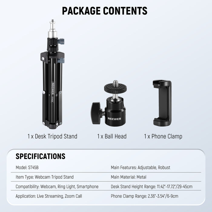 Package Contents of the NEEWER ST45B Adjustable Desktop Tripod Stand