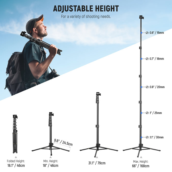 NEEWER TS03 Travel Phone Tripod can be extended from 18" to 66".