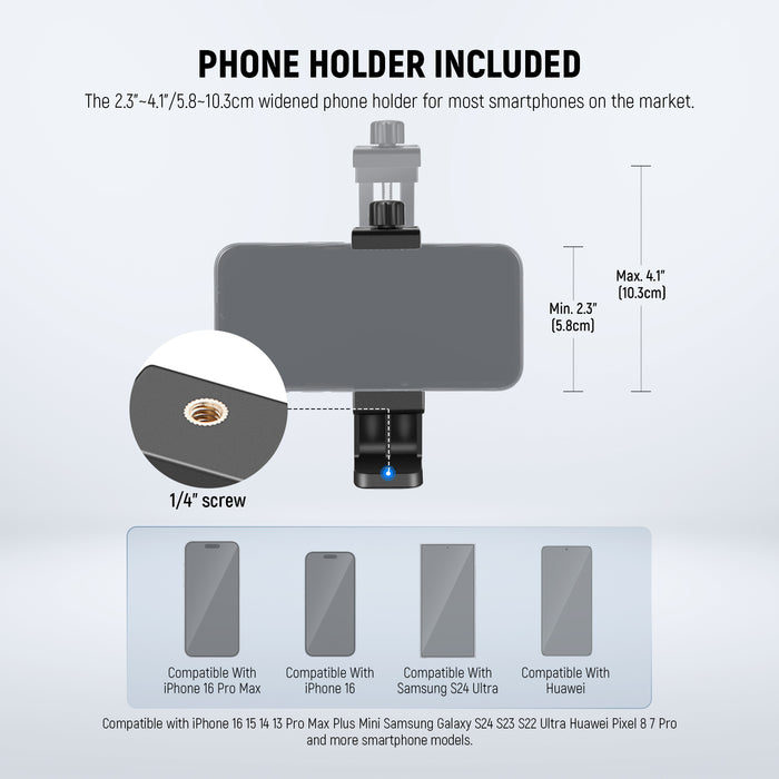 NEEWER TS03 Travel Phone Tripod Kit includes a widened phone holder.
