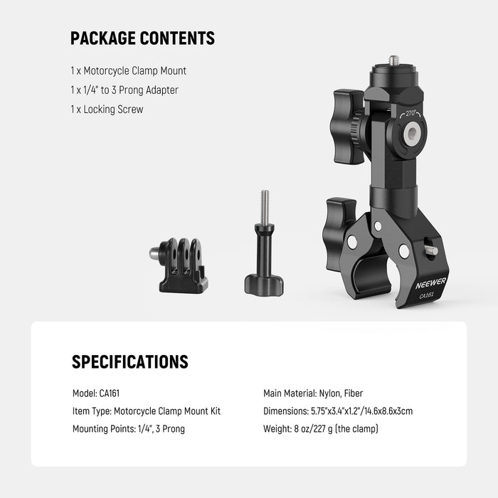 Package Contents of the NEEWER CA161 Motorcycle Action Camera Clamp Mount Kit