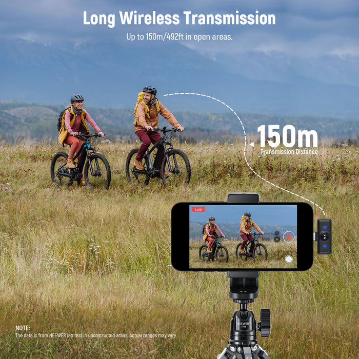 This wireless lav mic tools system offers up to 656ft forward and 82ft backward transmission in open areas.