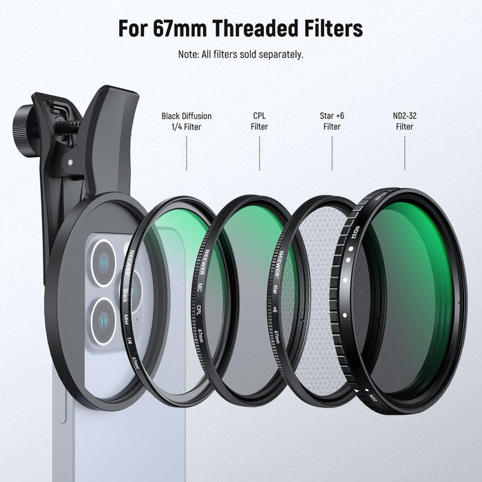 NEEWER LA007 67mm Phone Filter Clamp is ideal for lens filters with a 67mm thread.