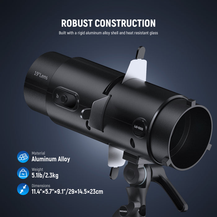 NEEWER LS-300 19° Spotlight Snoot is built with a rigid shell and heat resistant glass.