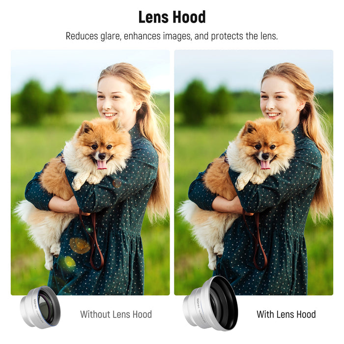 The lens hood reduces glare and protects the lens.
