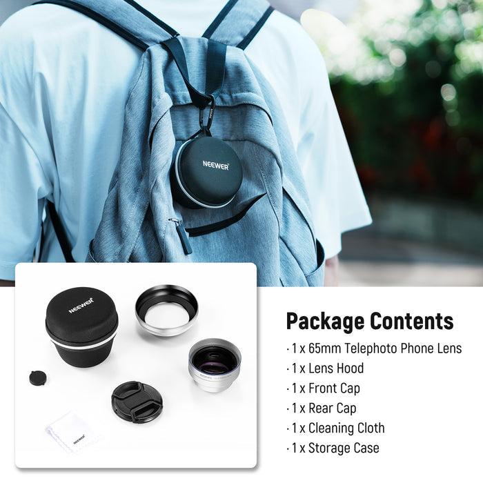 Package Contents of the NEEWER LS-66 65mm Telephoto Phone Lens with Lens Hood