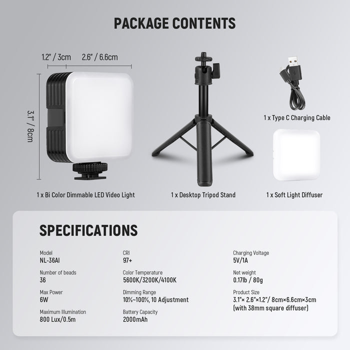 Package Contents of the NEEWER NL-36AI LED Video Light with Desk Tripod Stand