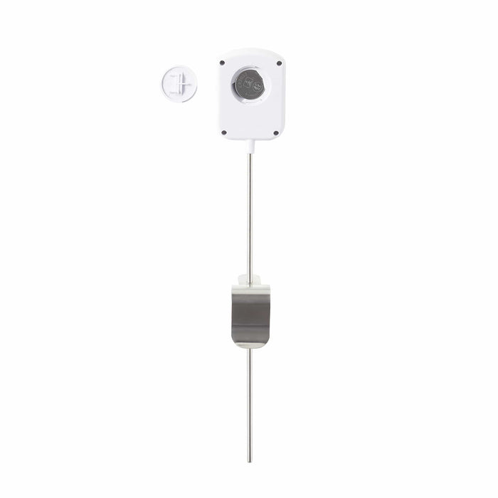 Back view of white programmable candy and deep fry thermometer with detached round battery cover and probe