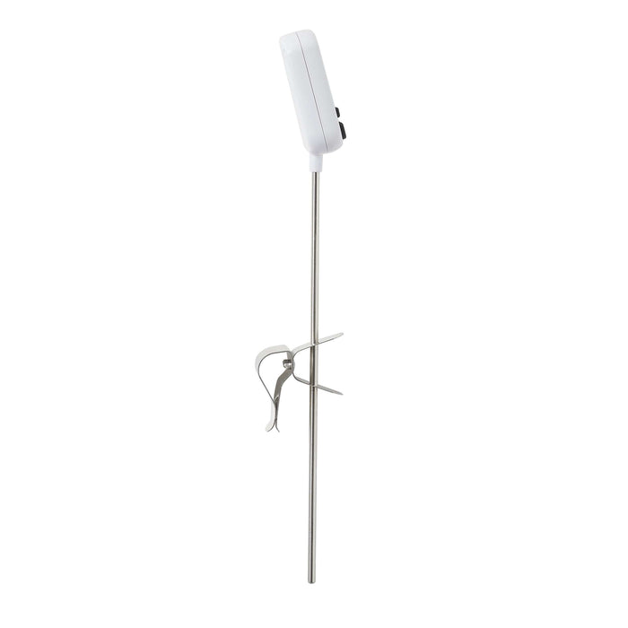 Side view of white programmable candy and deep fry thermometer mounted on a stand with a clamp