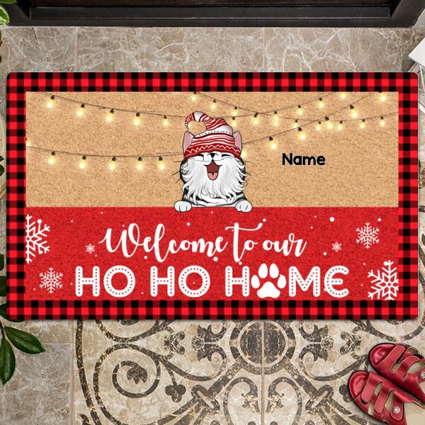 Welcome To Our Ho Ho Home, Buffalo Plaid Doormat, Personalized Christmas Cat Breeds Doormat, Xmas Home Decor