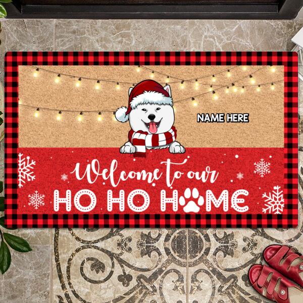 Welcome To Our Ho Ho Home, Buffalo Plaid Doormat, Personalized Christmas Dog Breeds Doormat, Xmas Home Decor